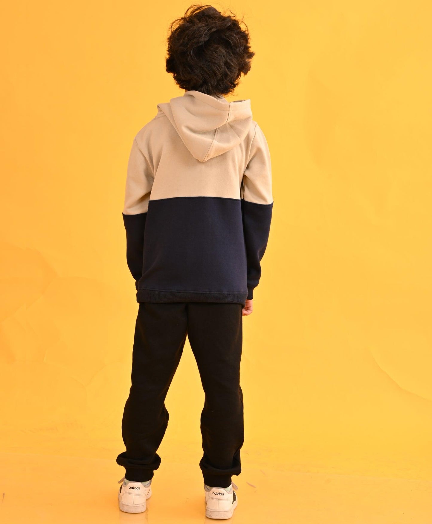 BEIGE BLACK HUMMO COLOR BLOCK HOODIE BLACK FLEECE JOGGER SET - BEIGE BLACK