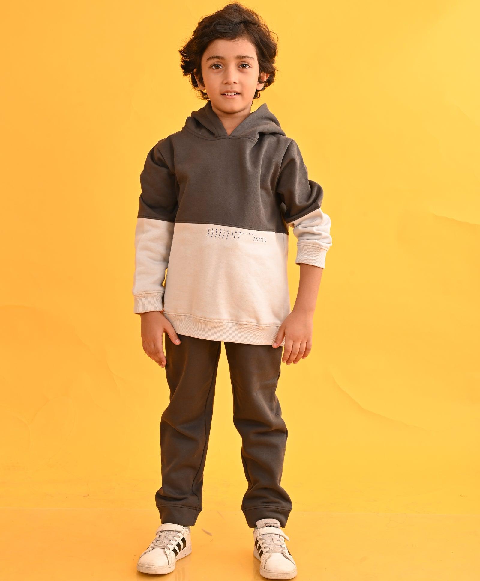 GREY TMR COLOR BLOCK FLEECE BOYS HOODIE DARK GREY JOGGER SET - DARK GREY - Anthrilo