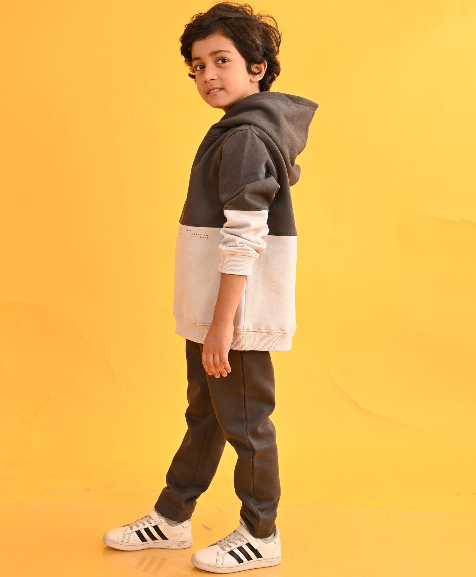 GREY TMR COLOR BLOCK FLEECE BOYS HOODIE DARK GREY JOGGER SET - DARK GREY - Anthrilo