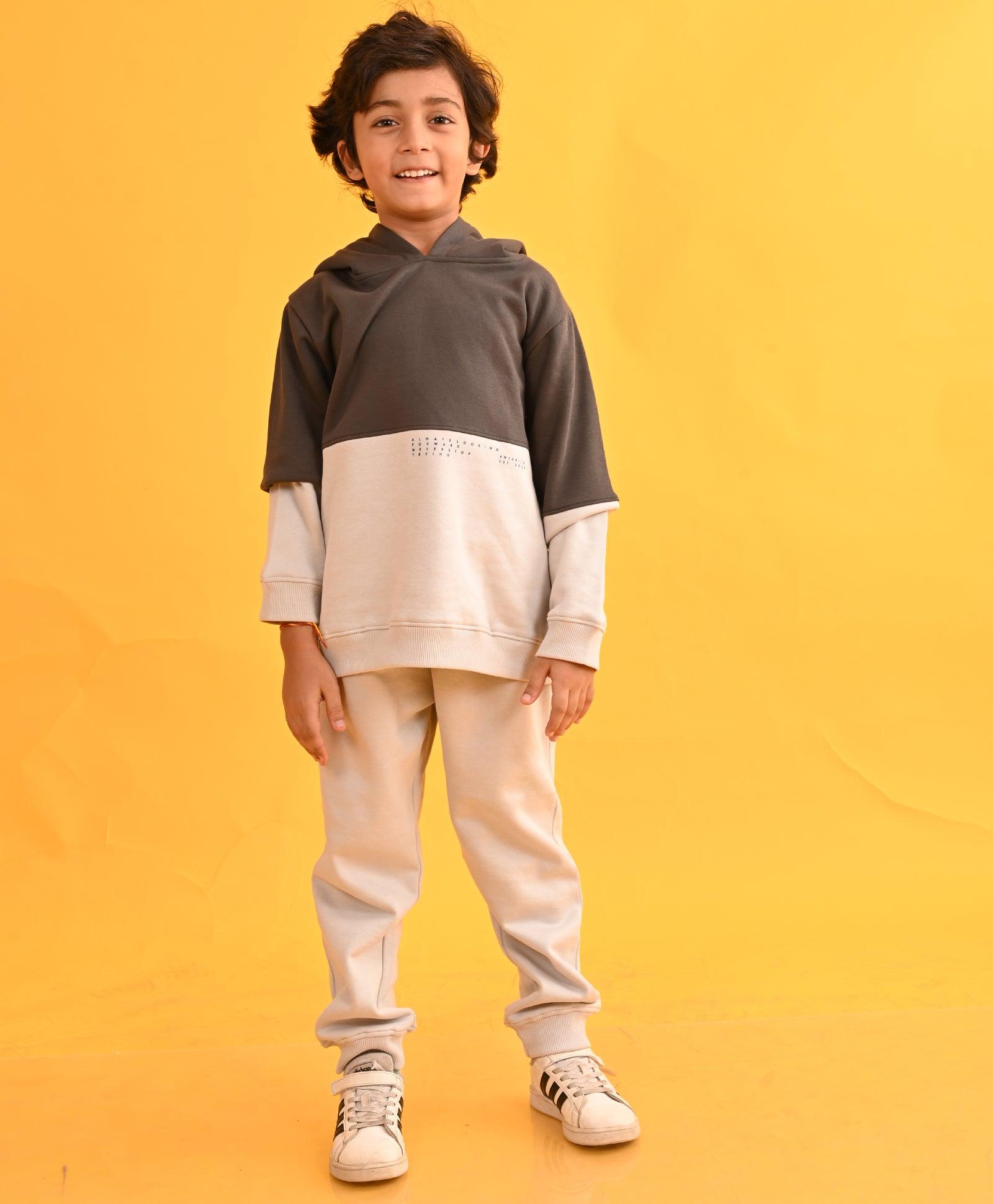 GREY TMR COLOR BLOCK FLEECE BOYS HOODIE LIGHT GREY JOGGER SET - LIGHT GREY - Anthrilo