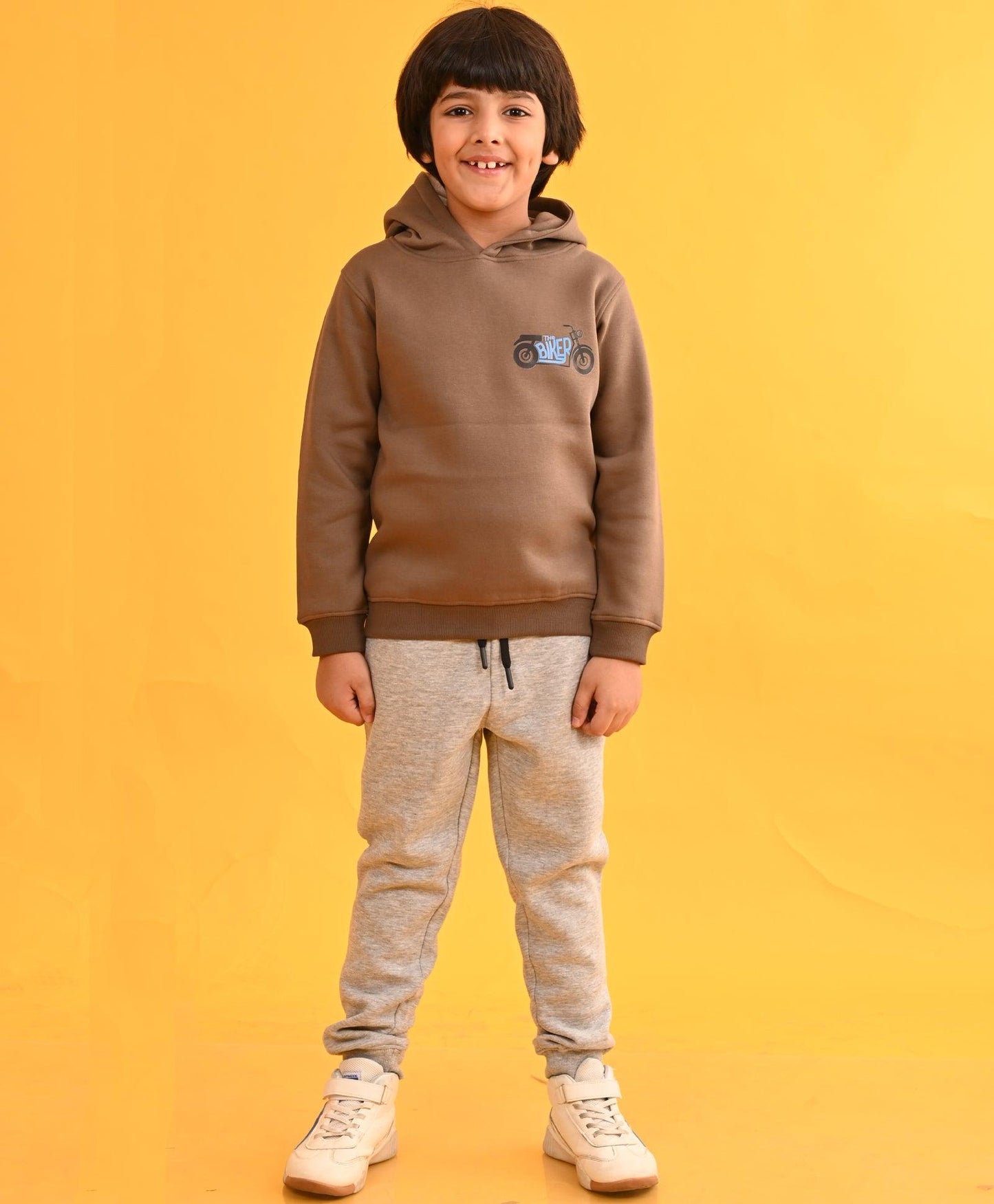 BIKER DARK BROWN HOODIE GREY FLEECE JOGGER SET - DARK BROWN / GREY