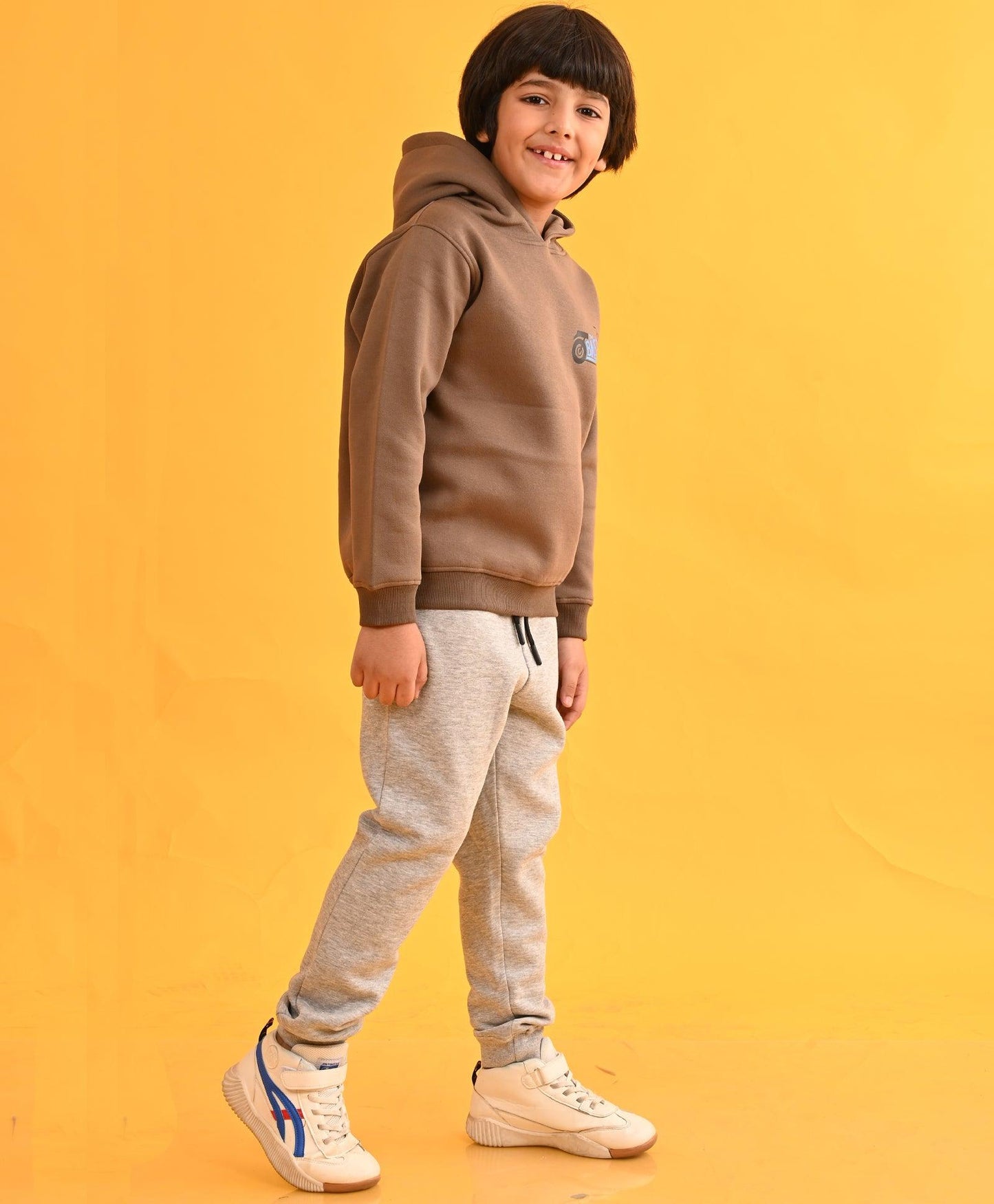 BIKER DARK BROWN HOODIE GREY FLEECE JOGGER SET - DARK BROWN / GREY