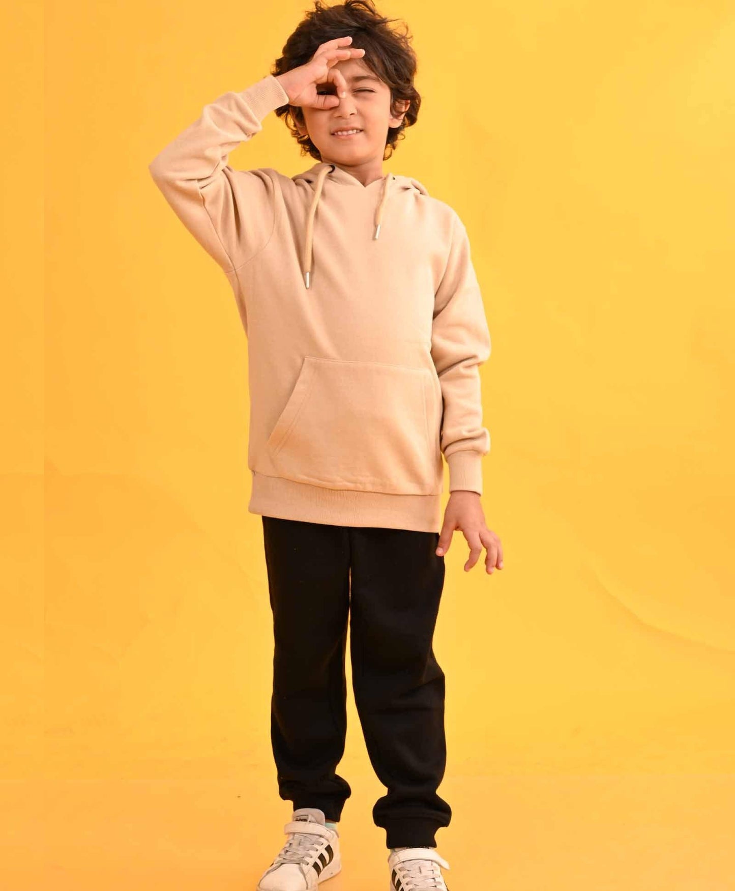 BEIGE HUMMO HOODIE BLACK FLEECE JOGGER SET - BEIGE / BLACK