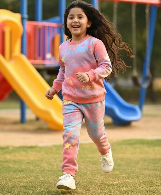 TIE DYE STAR FLEECE SWEATSHIRT JOGGER SET D - PINK