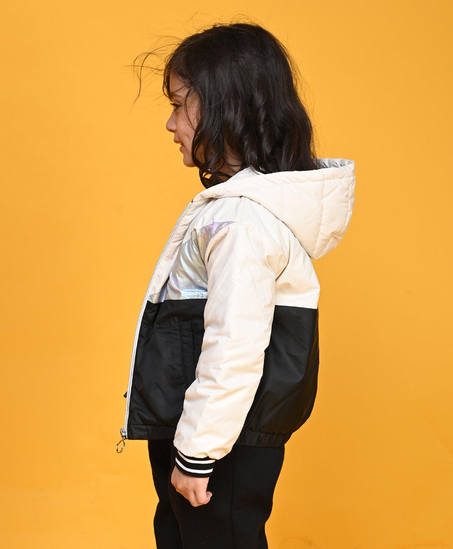 SILVER BLACK GIRLS FULL ZIPPER JACKET - BLACK
