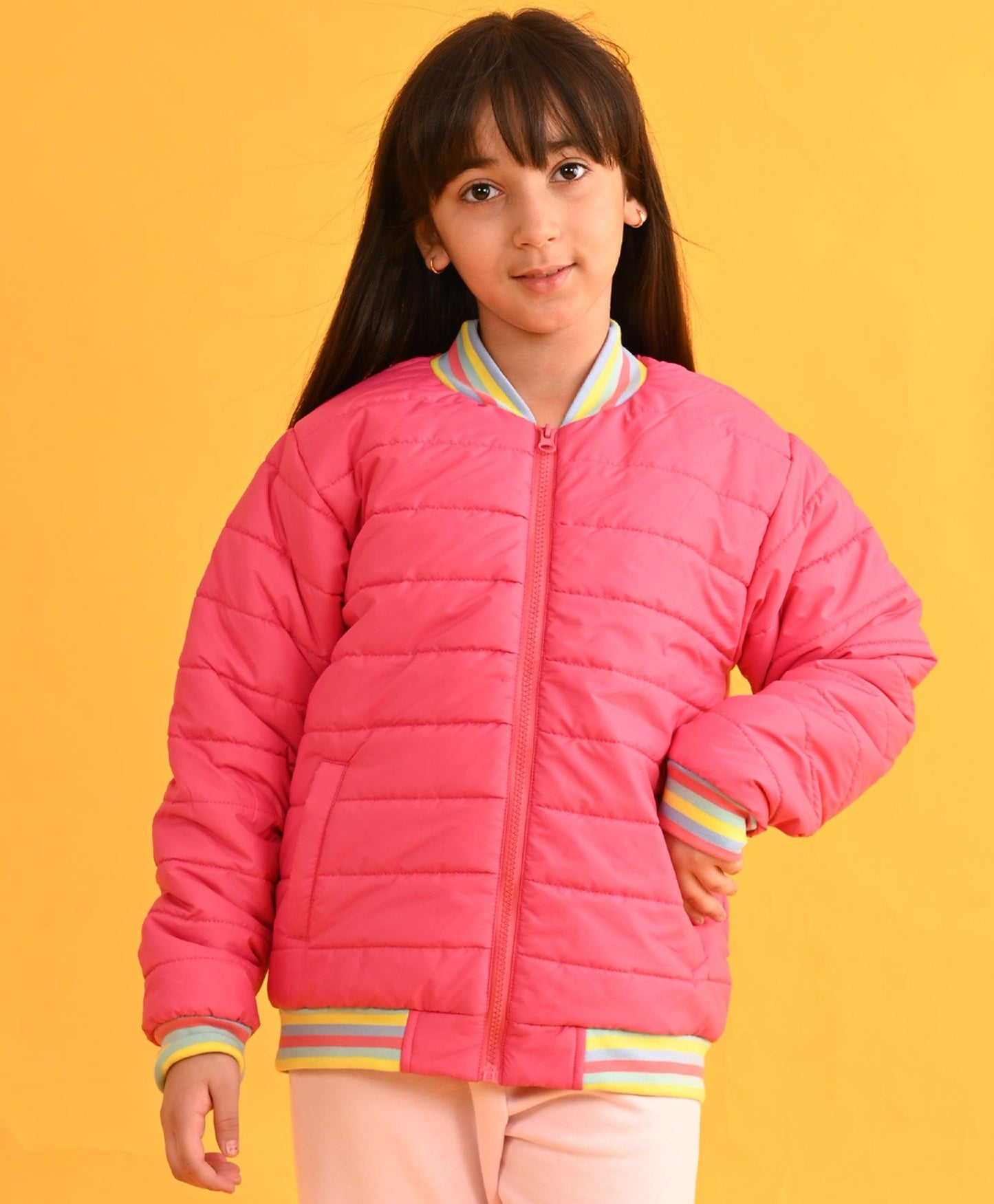 PINK MULTICOLORED RIB WINTER GIRLS JACKET - PINK