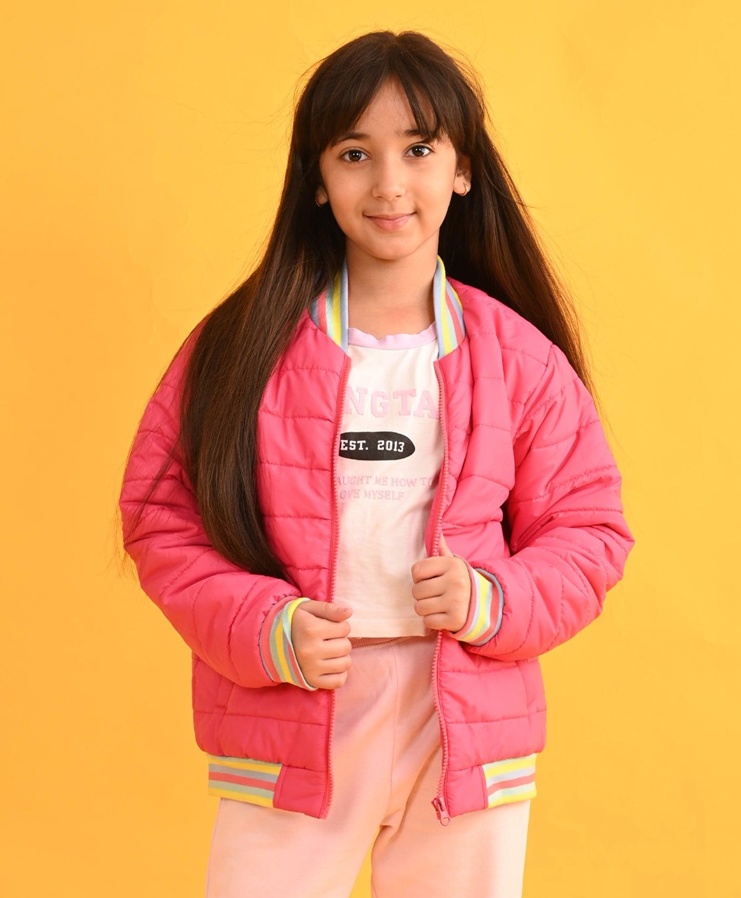 PINK MULTICOLORED RIB WINTER GIRLS JACKET - PINK