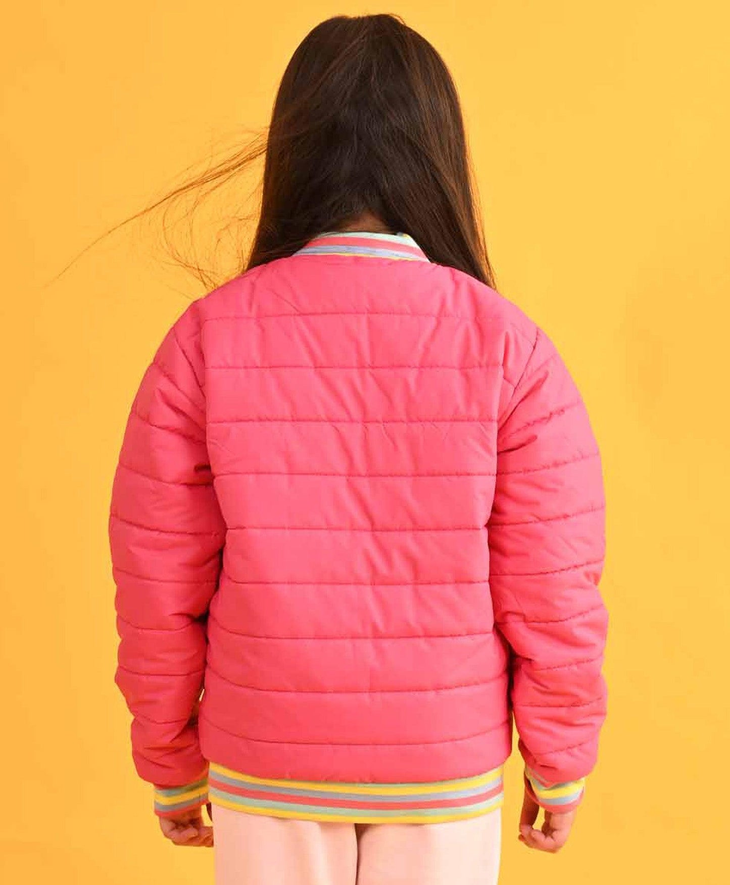 PINK MULTICOLORED RIB WINTER GIRLS JACKET - PINK