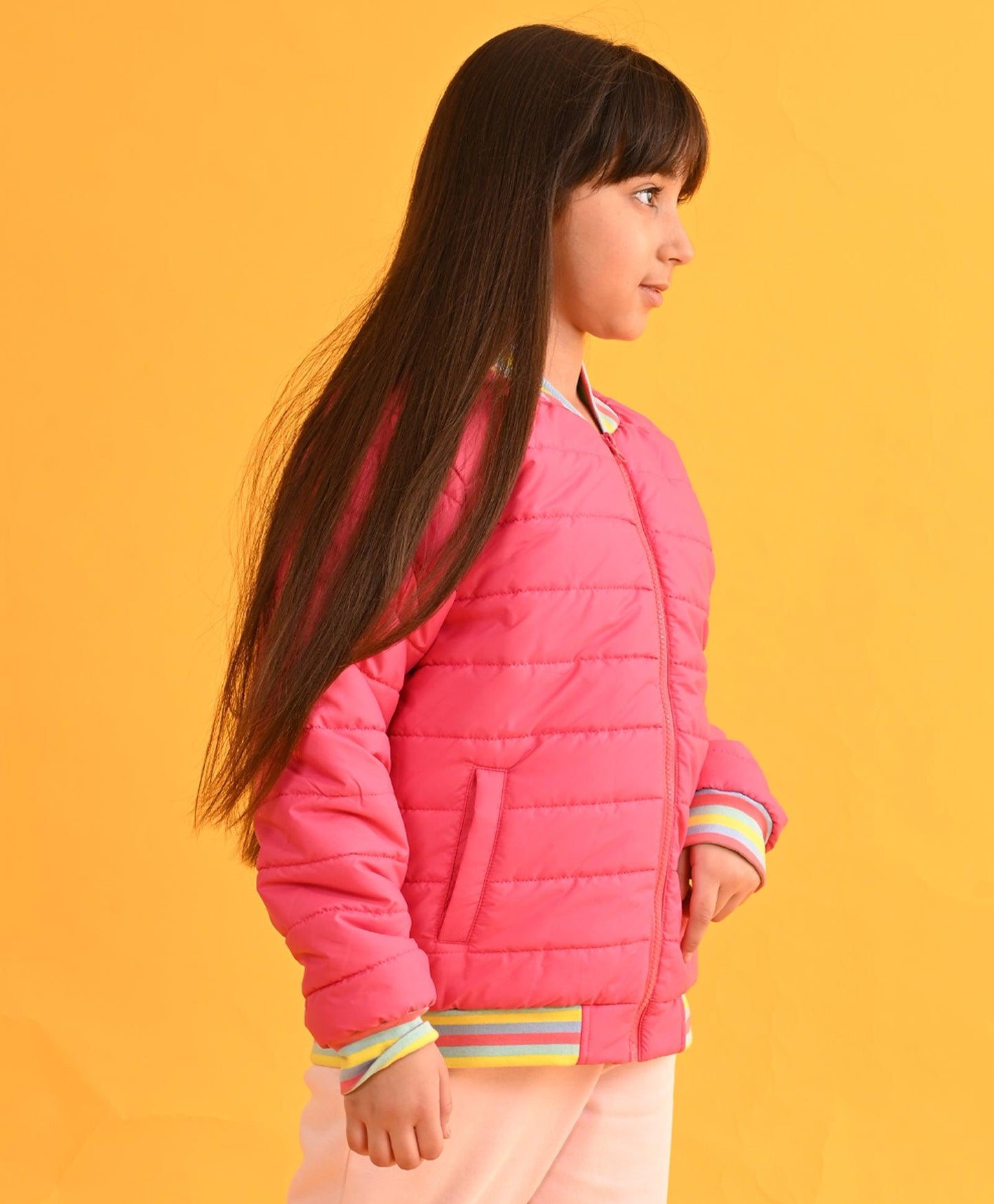 PINK MULTICOLORED RIB WINTER GIRLS JACKET - PINK