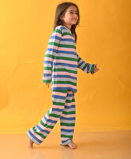 GREEN PINK ROYAL SKY STRIPE LONG SLEEVE PYJAMA SET - MULTI
