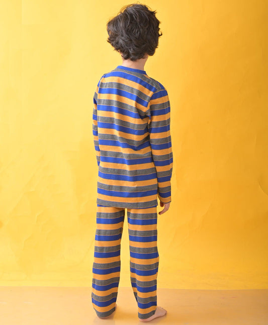 ROYAL MUSTARD DARK GREY STRIPES LONG SLEEVE BOYS PYJAMA SET - MULTI - Anthrilo