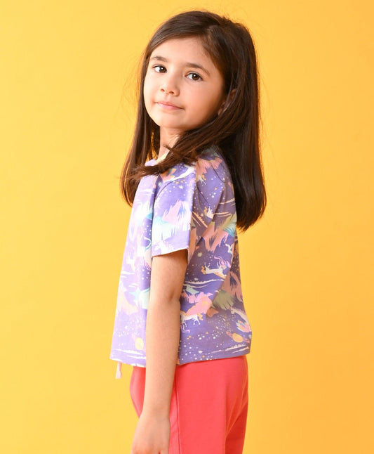 SUMMER UNICORN PLANET GIRLS SHORTS SLEEVE T-SHIRT - PURPLE