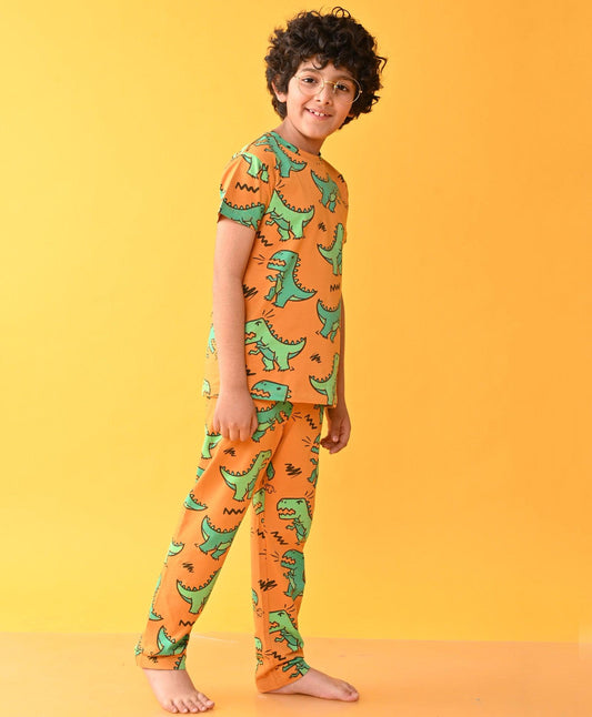 BIG DINOSAUR MUSTARD SHORT SLEEVE PYJAMA SET - MUSTARD