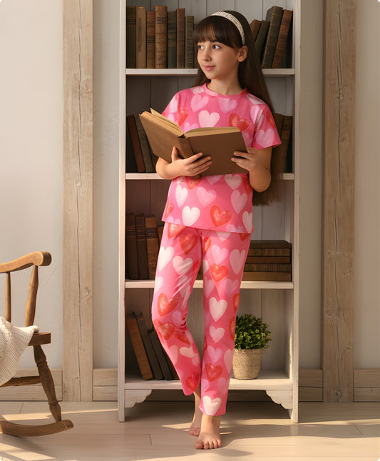 PINK HEARTS SHORT SLEEVE PYJAMA SET - PINK