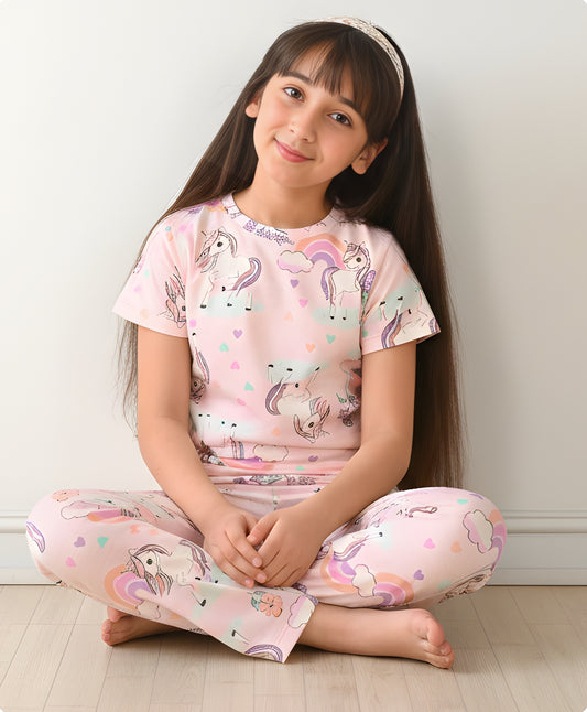 UNICORN HEART SHORT SLEEVE PYJAMA SET - PINK