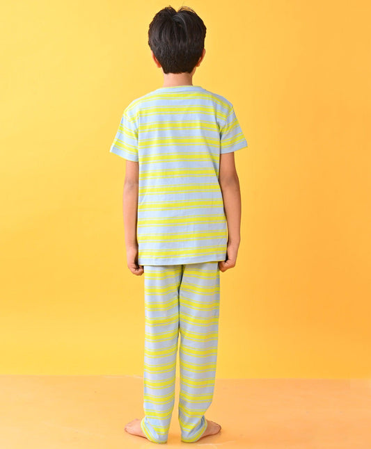 BLUE LIME STRIPED SHORT SLEEVES BOYS PYJAMA SET - BLUE