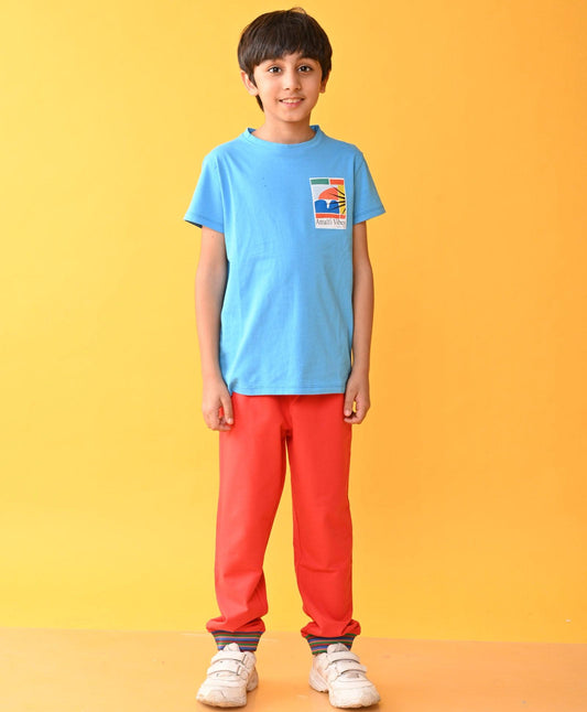 AMALFI BLUE RED RIBBED SUMMER BOYS JOGGER SET - BLUE/RED
