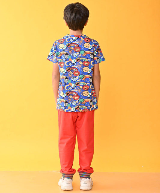 ANIMAL BLUE RED RIBBED SUMMER BOYS JOGGER SET - BLUE / RED