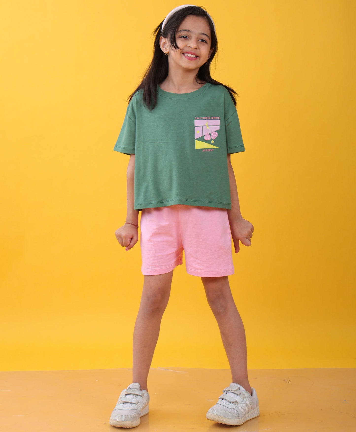 CALIFORNIA TENNIS GREEN PINK SUMMER GIRLS SHORTS SET - GREEN/PINK