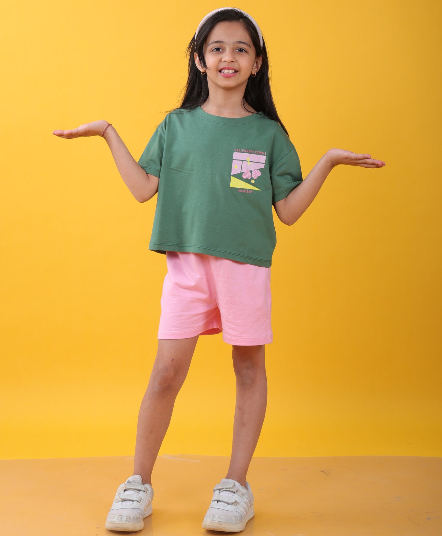 CALIFORNIA TENNIS GREEN PINK SUMMER GIRLS SHORTS SET - GREEN/PINK