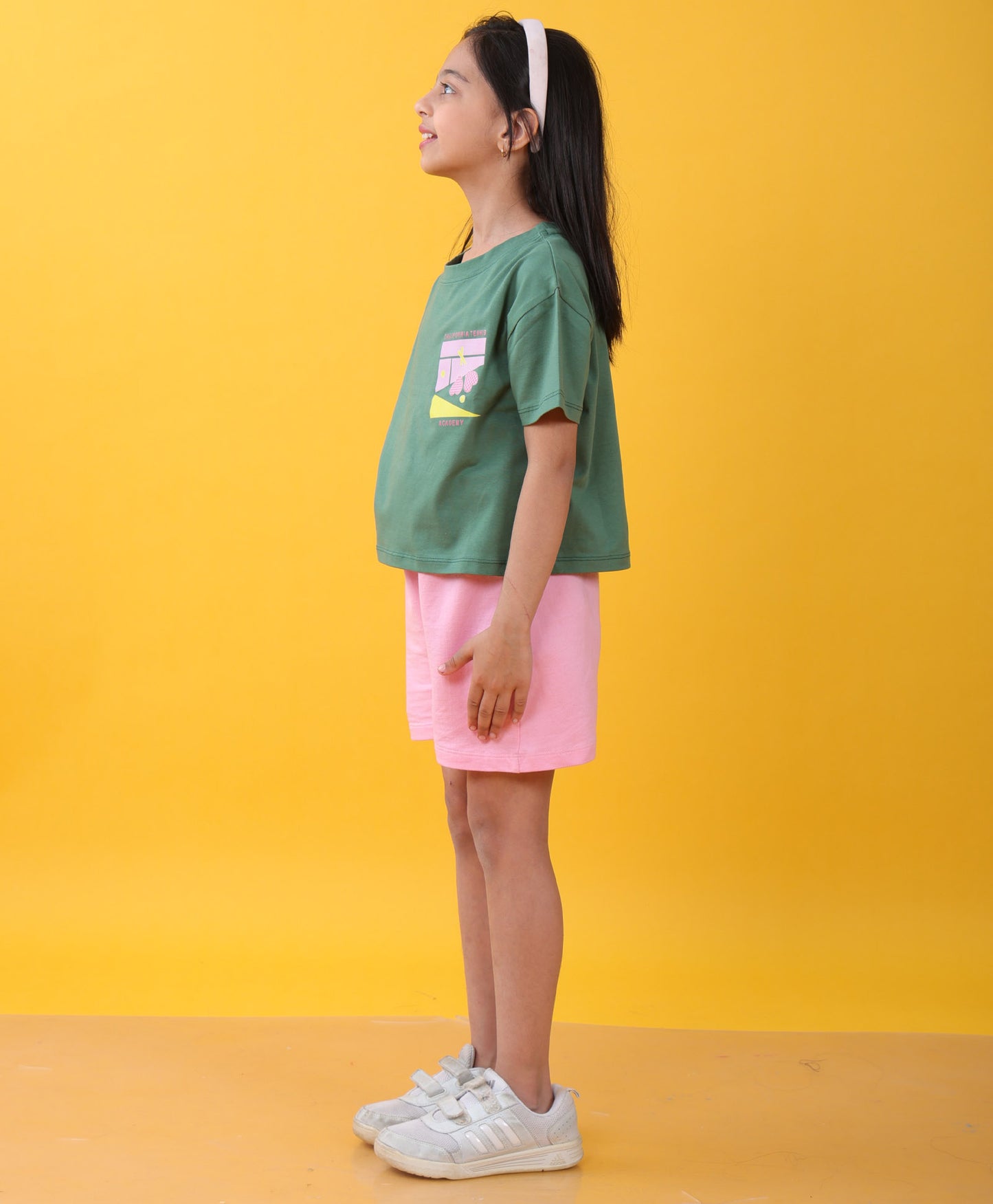 CALIFORNIA TENNIS GREEN PINK SUMMER GIRLS SHORTS SET - GREEN/PINK