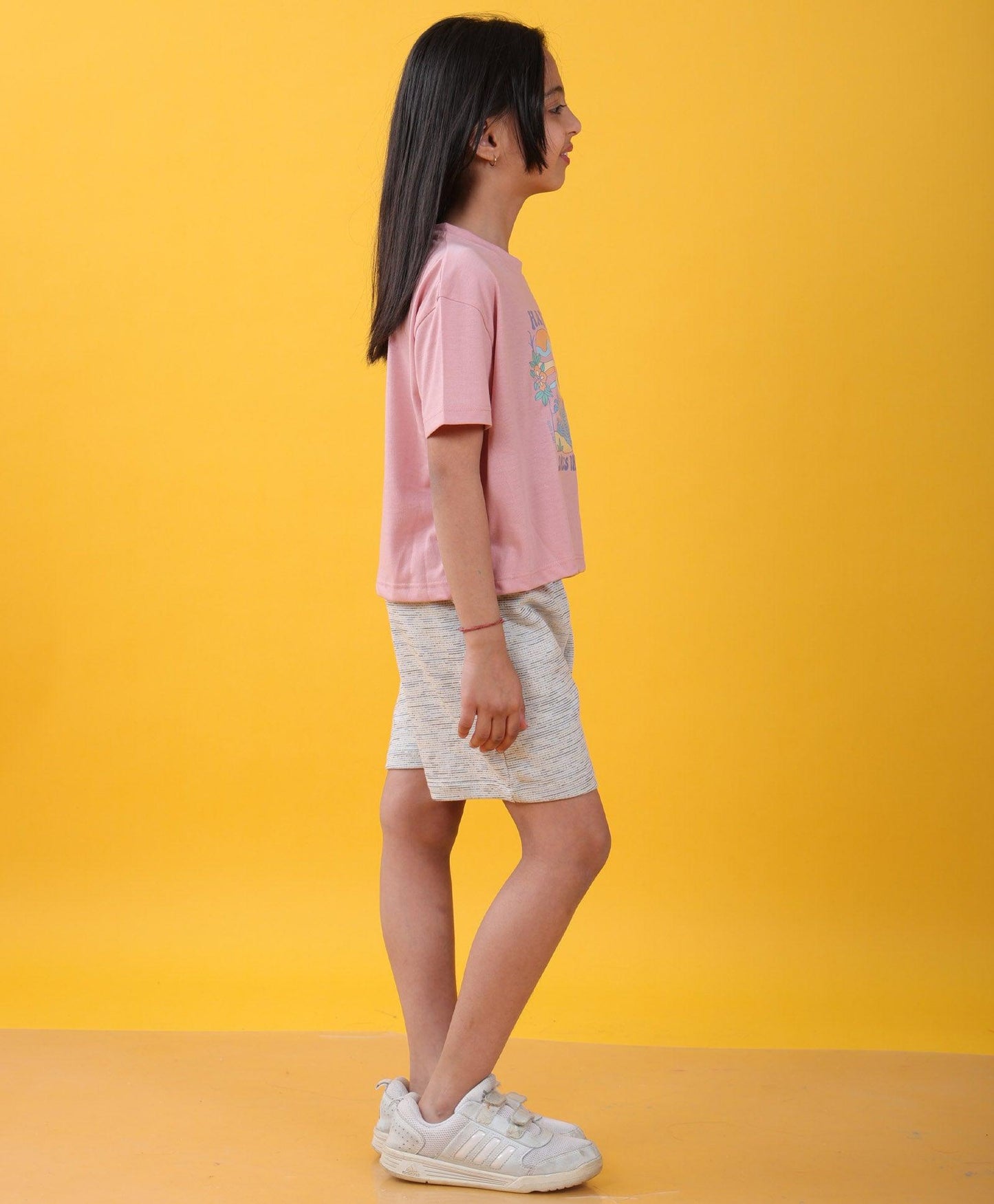 HAPPINESS ROSE PINK WHITE TEXTURED GIRLS SHORTS SET - PINK/WHITE