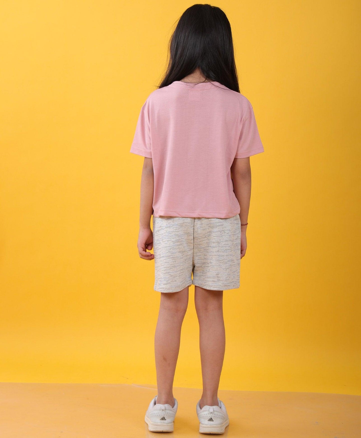 HAPPINESS ROSE PINK WHITE TEXTURED GIRLS SHORTS SET - PINK/WHITE