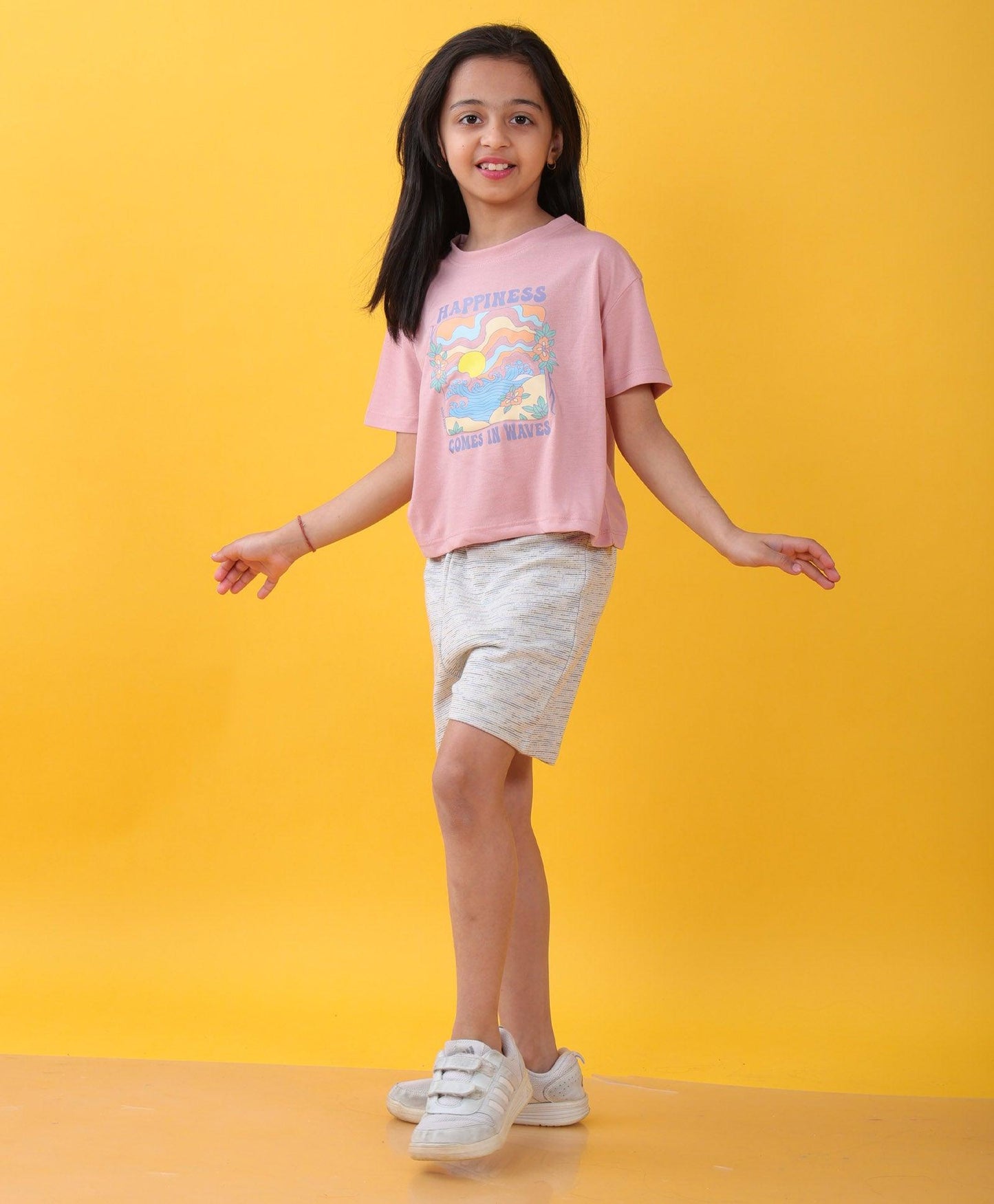 HAPPINESS ROSE PINK WHITE TEXTURED GIRLS SHORTS SET - PINK/WHITE