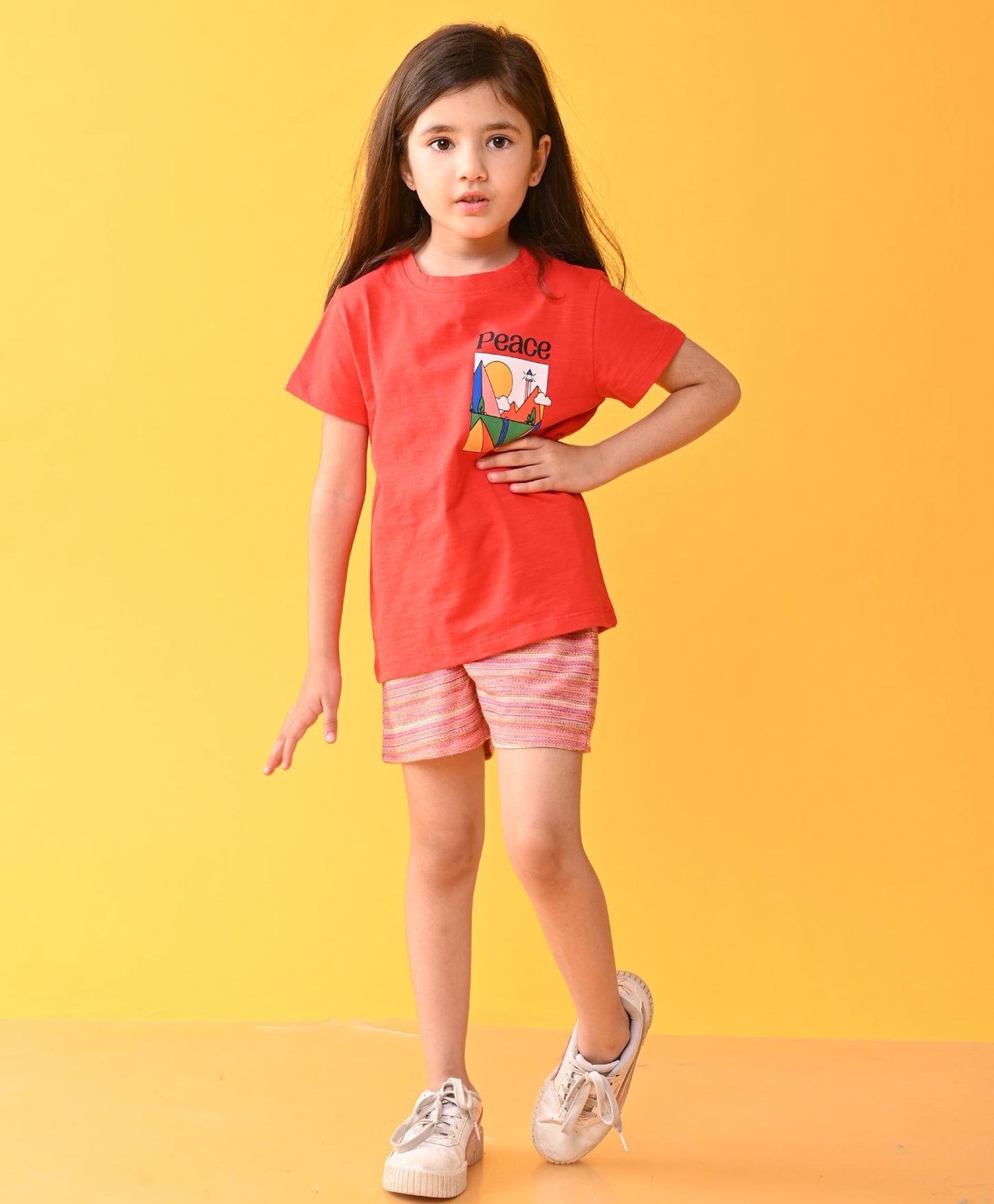 HOME RED PINK TEXTURED GIRLS SUMMER SHORTS SET - RED/PINK