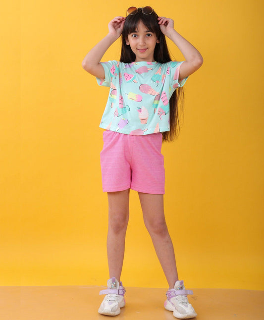 ICECREAM PINK POPCORN GIRLS SHORTS SET - AQUA/PINK