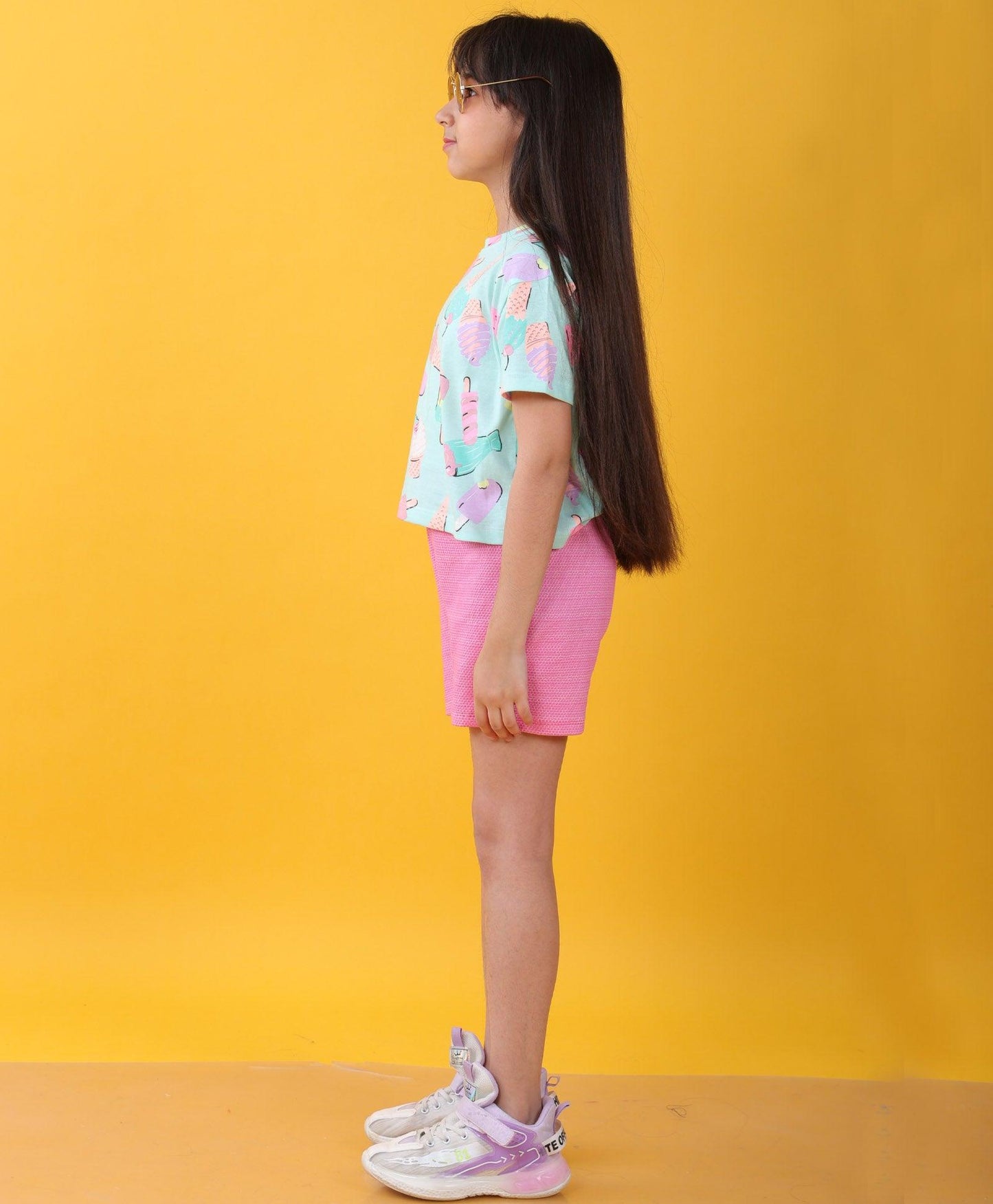 ICECREAM PINK POPCORN GIRLS SHORTS SET - AQUA/PINK