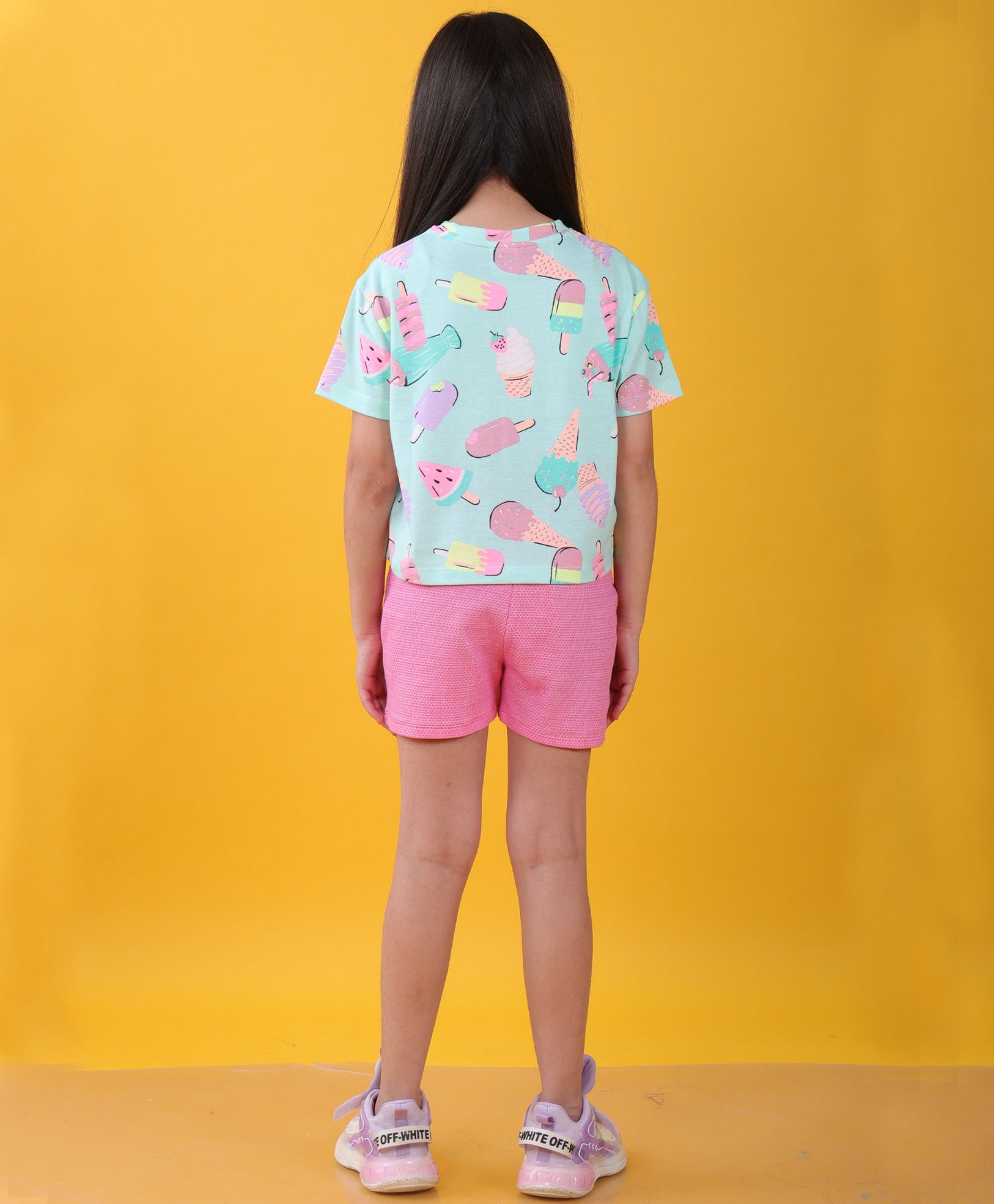 ICECREAM PINK POPCORN GIRLS SHORTS SET - AQUA/PINK