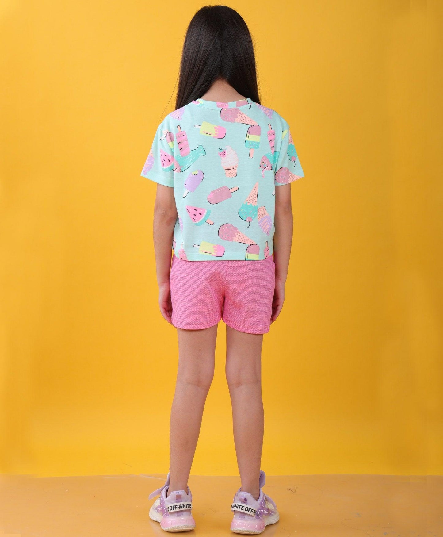 ICECREAM PINK POPCORN GIRLS SHORTS SET - AQUA/PINK