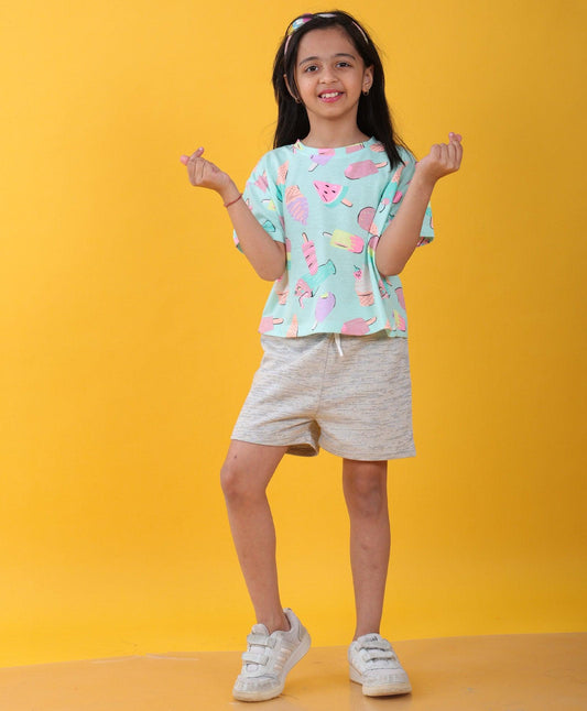 ICECREAM WHITE TEXTURED SUMMER GIRLS SHORTS SET - AQUA/WHITE