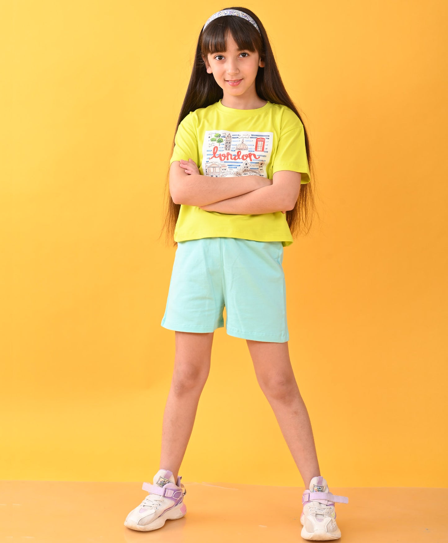 LONDON LIME AQUA GIRLS SUMMER SHORTS SET - LIME/AQUA