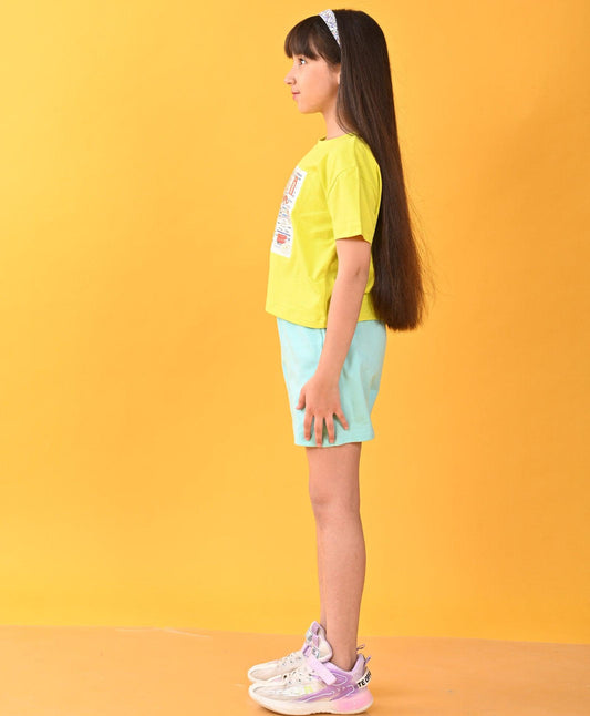 LONDON LIME AQUA GIRLS SUMMER SHORTS SET - LIME/AQUA