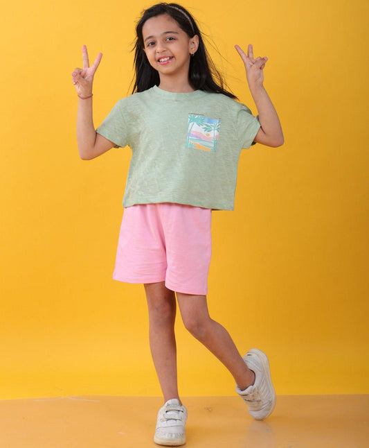 SANTA BARBARA GREEN PINK SUMMER GIRLS SHORTS SET - GREEN/PINK