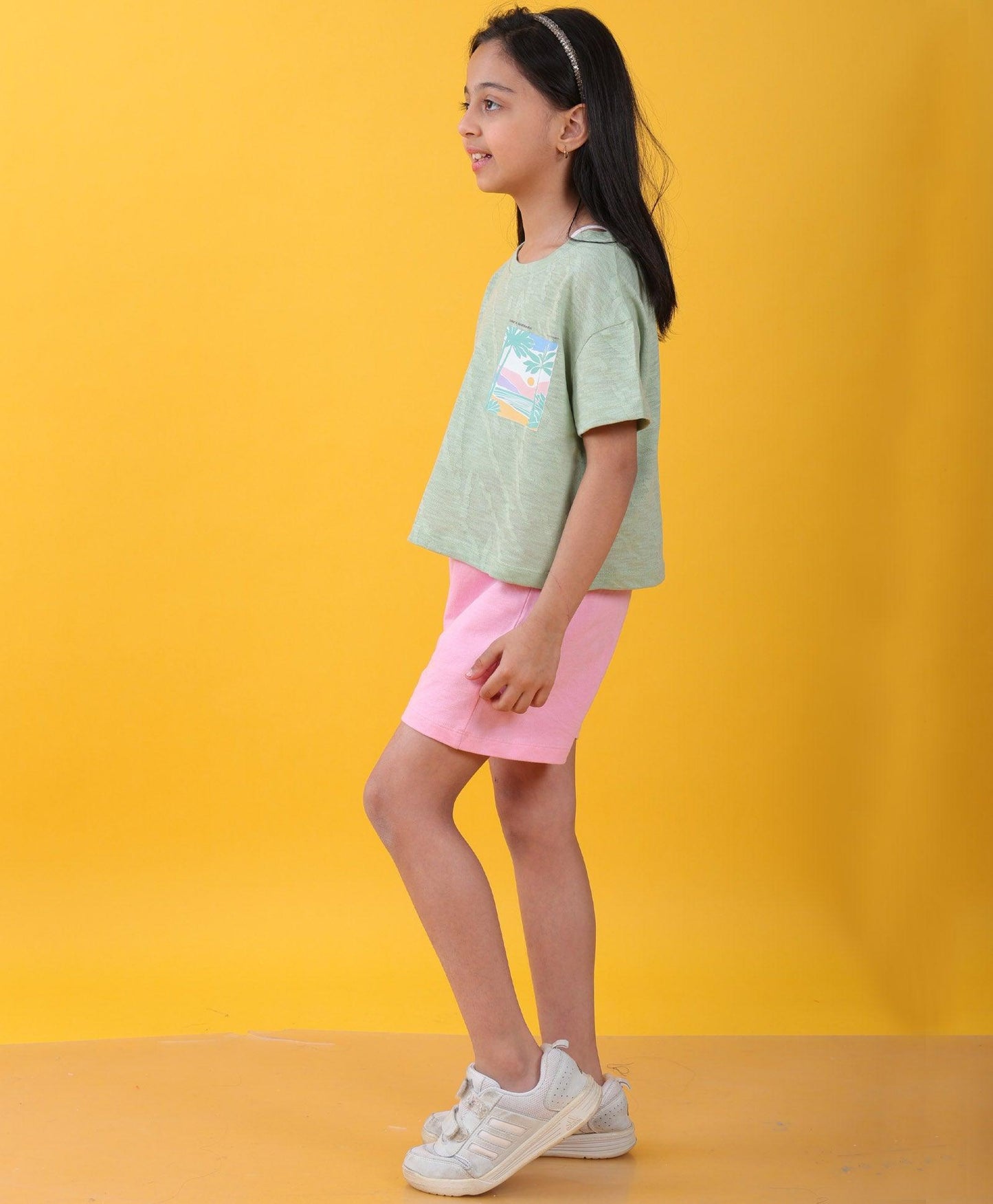 SANTA BARBARA GREEN PINK SUMMER GIRLS SHORTS SET - GREEN/PINK