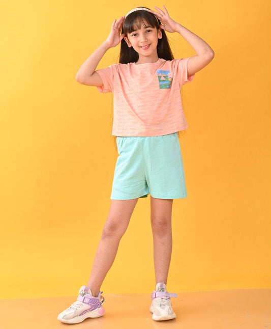 TAKE IT EASY PEACH AQUA SUMMER GIRLS SHORTS SET - PEACH/AQUA