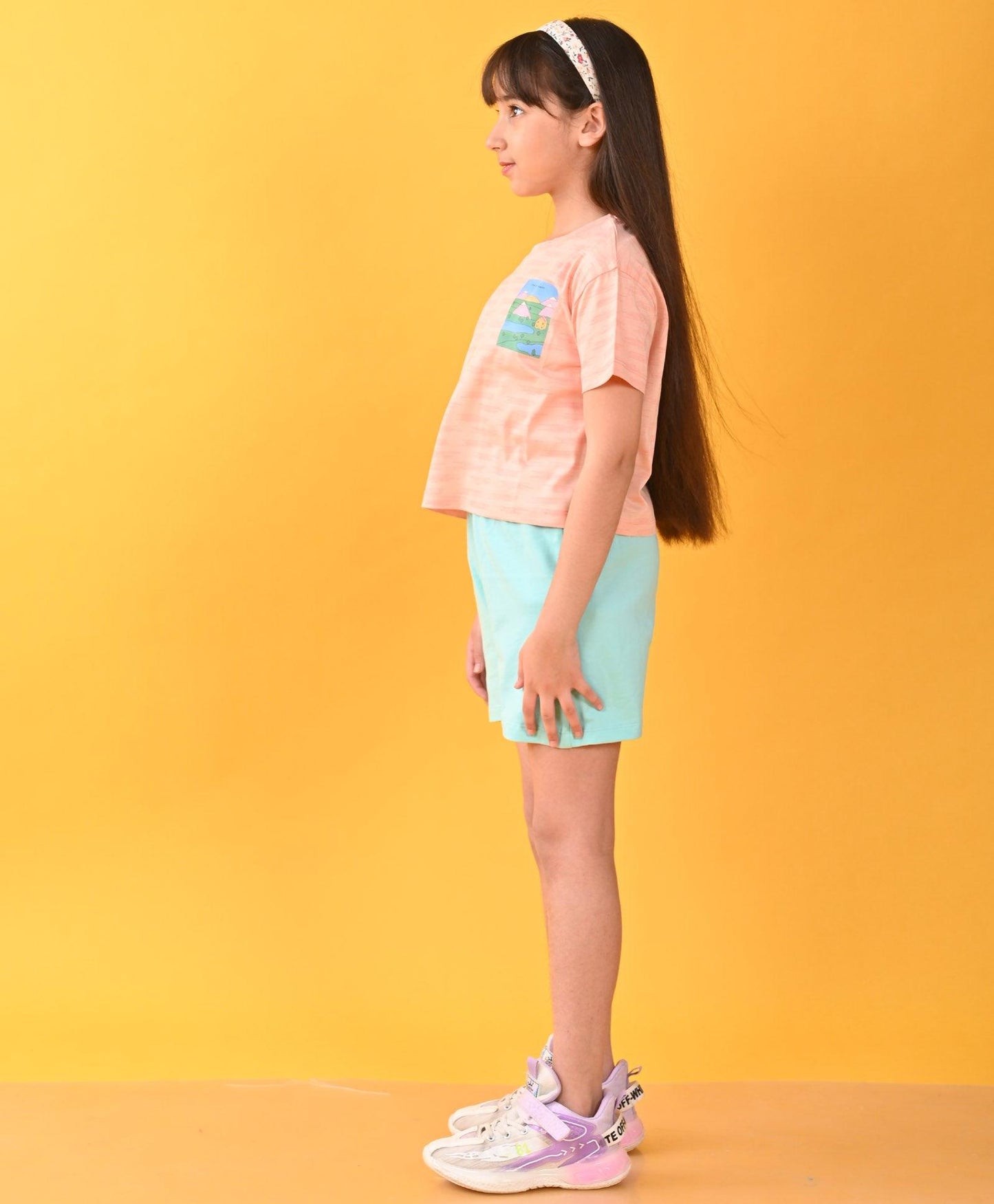 TAKE IT EASY PEACH AQUA SUMMER GIRLS SHORTS SET - PEACH/AQUA