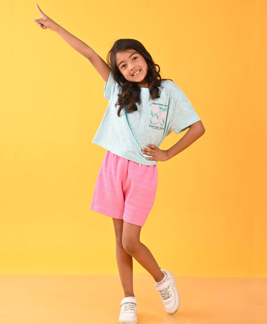 YOU HAVE ALL SKY PINK POPCORN GIRLS SHORTS SET - SKY/PINK