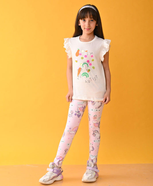 ARTIST T-SHIRT UNICORN LEGGINGS SET - WHITE / PINK
