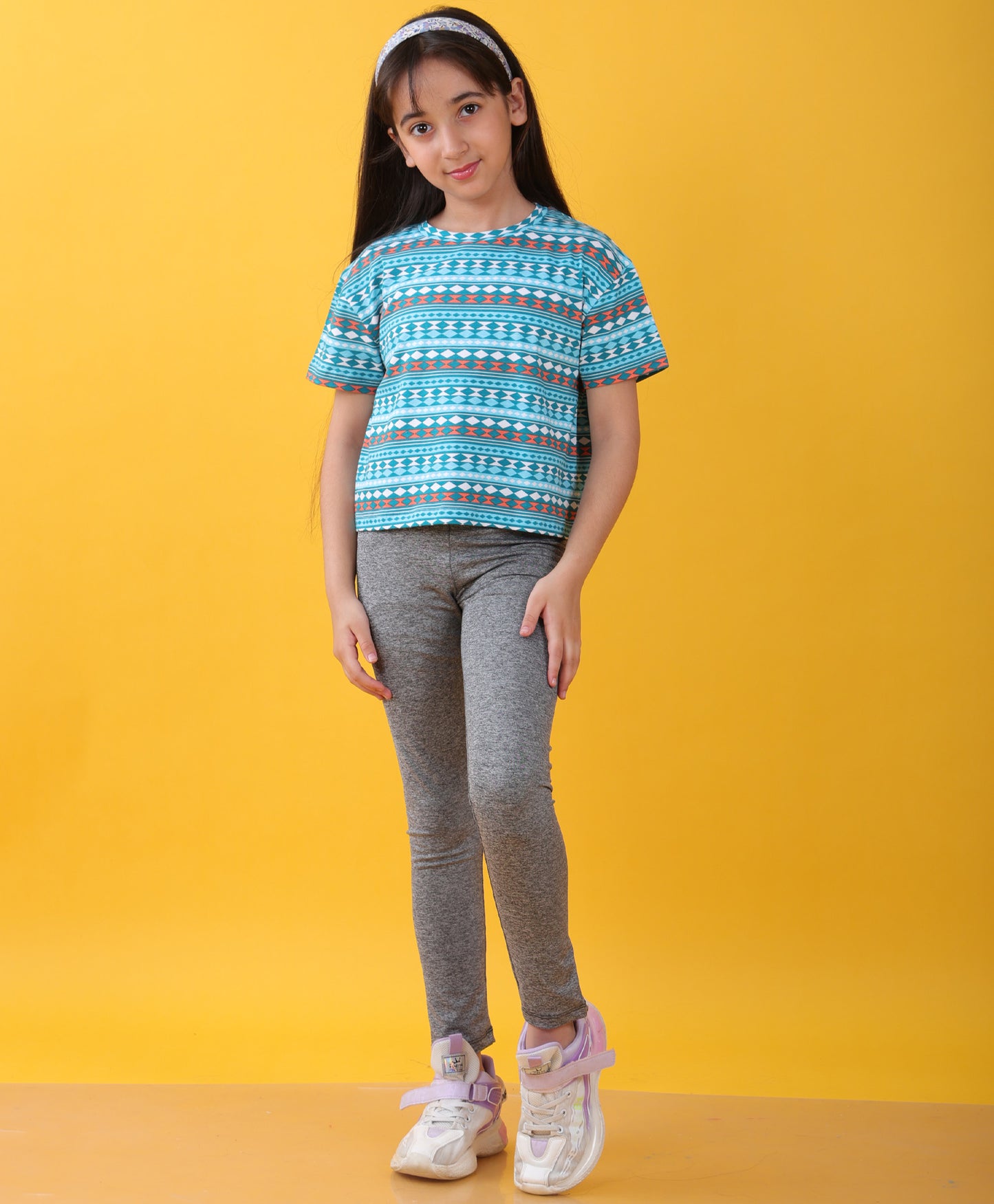BLUE GREEN TSHIRT BLACK MELANGE SPORTY LEGGINGS SET - BLUE/BLACK