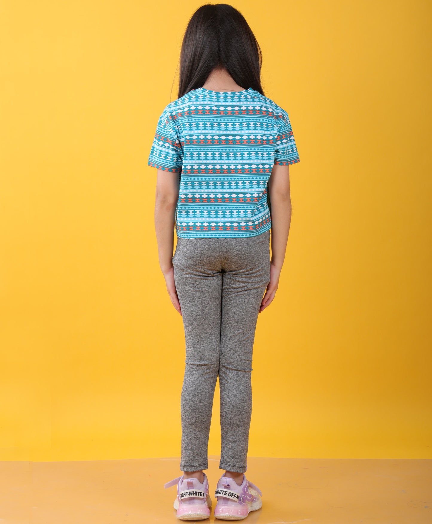 BLUE GREEN TSHIRT BLACK MELANGE SPORTY LEGGINGS SET - BLUE/BLACK
