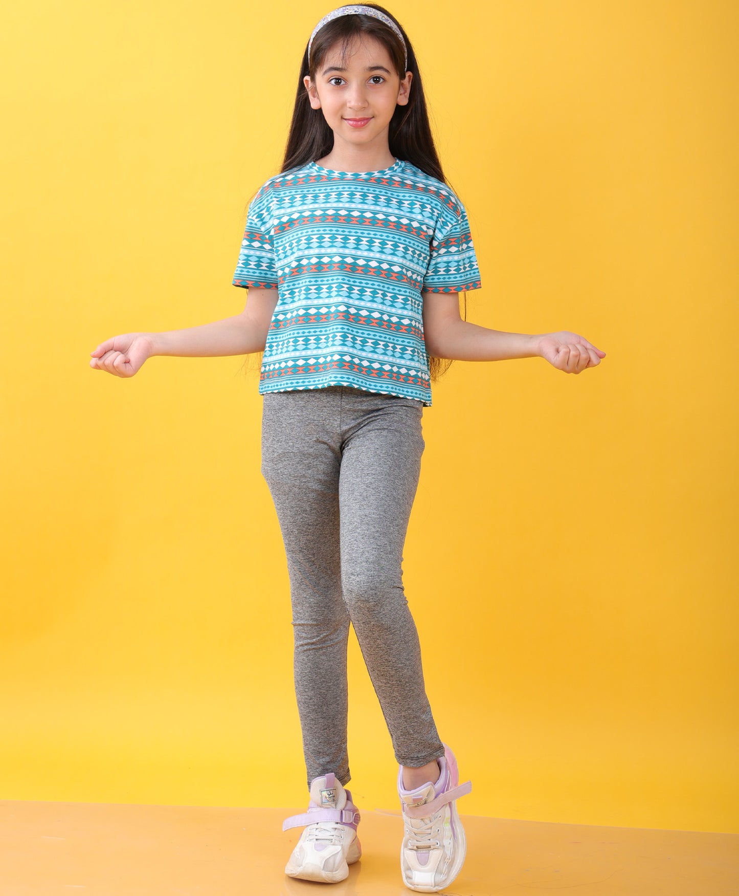 BLUE GREEN TSHIRT BLACK MELANGE SPORTY LEGGINGS SET - BLUE/BLACK
