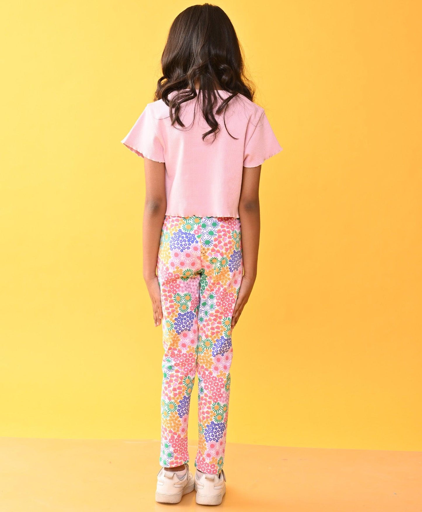 PINK RIBBED T-SHIRT FLORAL LEGGINGS SET - PINK