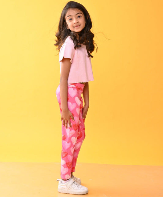 PINK RIBBED T-SHIRT HEART LEGGINGS SET - PINK
