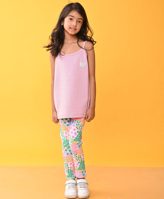 PINK HEART STAP TOP FLORAL LEGGINGS SET - PINK