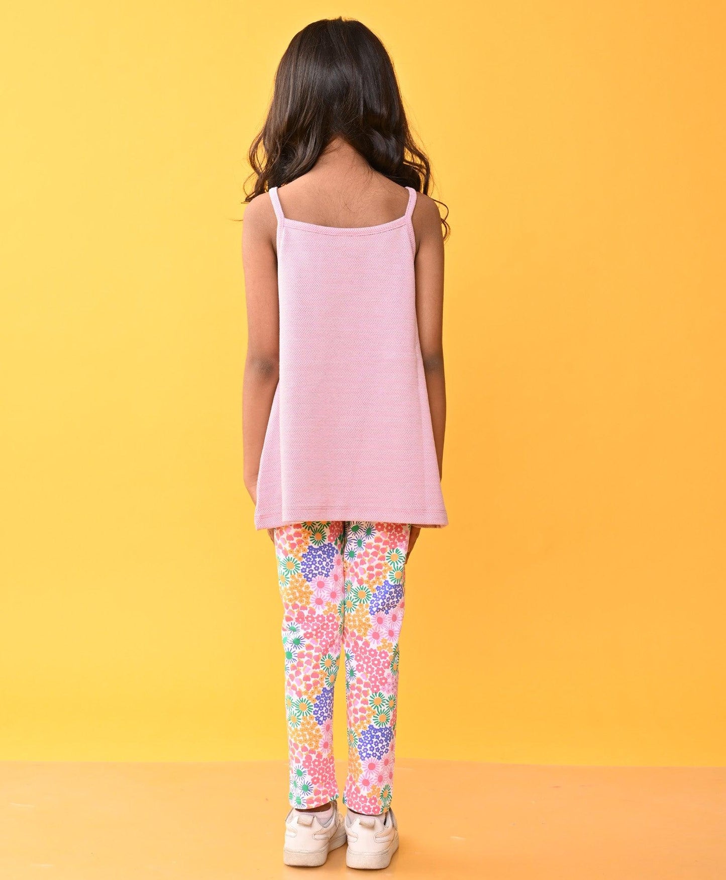 PINK HEART STAP TOP FLORAL LEGGINGS SET - PINK