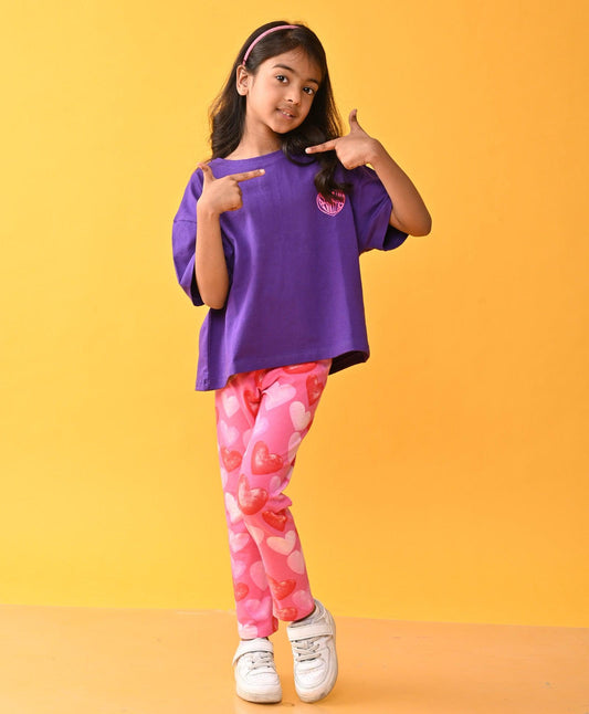 PURPLE SUMMER TSHIRT HEART PINK LEGGINGS SET - PURPLE /PINK